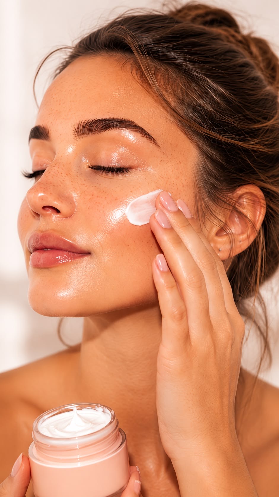 Imagen editorial de Droom Shop: Mujer aplicando crema en su rutina de cuidado facial